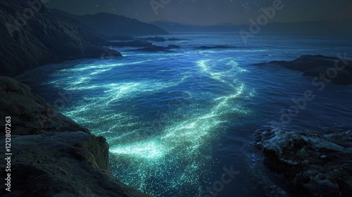 Bioluminescent bay at night with bright light trails in a ocean with mountains photo