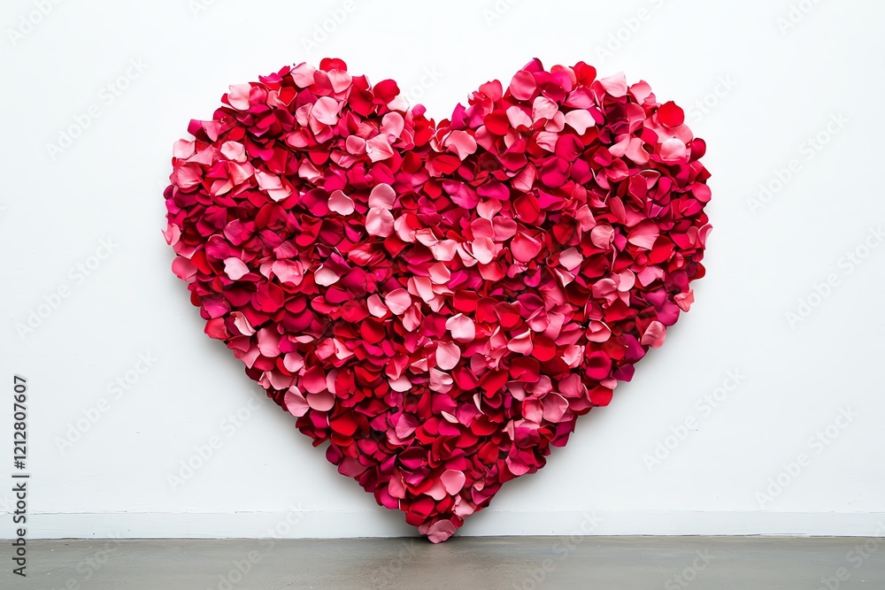A vibrant heart shape made of colorful rose petals against a clean white wall. A vibrant heart shape made of colorful rose petals against a clean white wall.