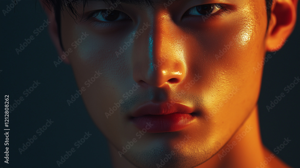 Close-up of a Korean male model with a smoldering, mysterious expression, his face illuminated by moody lighting, showing smooth skin and a well-defined chin, 8K resolution Close-up of a Korean male model with a smoldering, mysterious expression, his face illuminated by moody lighting, showing smooth skin and a well-defined chin, 8K resolution