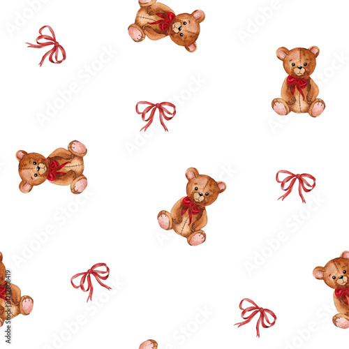 Watercolor teddy bear with red satin ribbons seamless pattern. Baby shower  teddy bear illustration. Baby shower print.