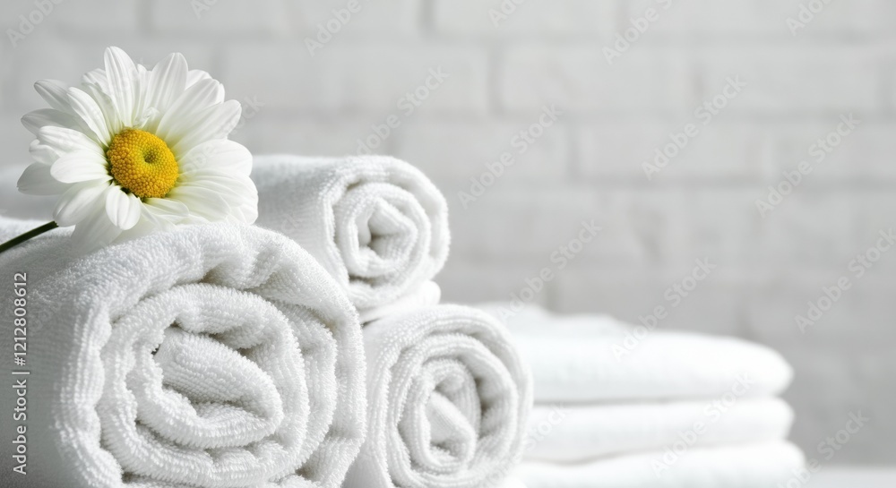 Freshly rolled white towels with a daisy flower on a soft background Freshly rolled white towels with a daisy flower on a soft background