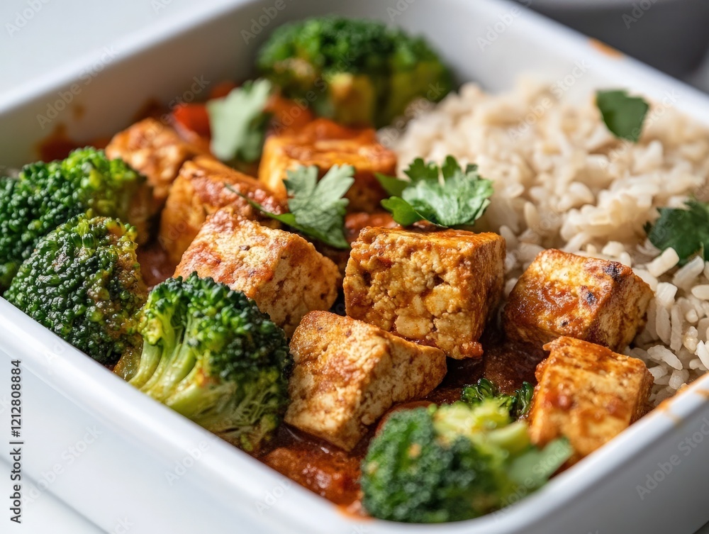 Coconut milk-free red curry meal prep with tofu, broccoli, and brown rice, displayed in a sustainable container Coconut milk-free red curry meal prep with tofu, broccoli, and brown rice, displayed in a sustainable container