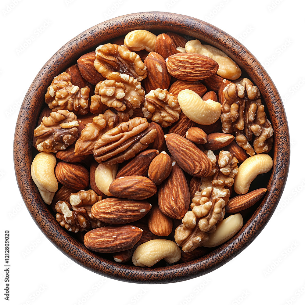 Mixed nuts in wooden bowl on white or transparent background, healthy snack option Mixed nuts in wooden bowl on white or transparent background, healthy snack option