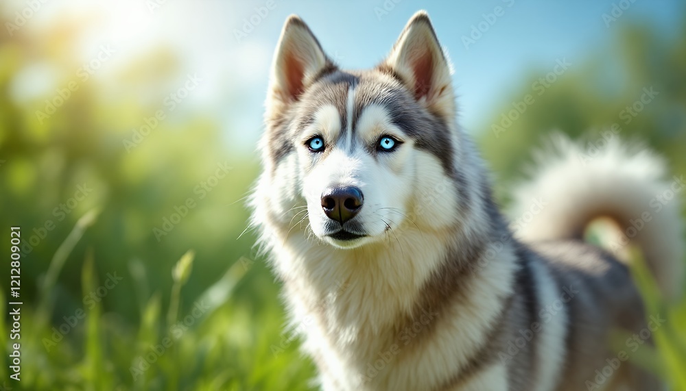 Majestic Siberian Husky in a Sunny Meadow Majestic Siberian Husky in a Sunny Meadow