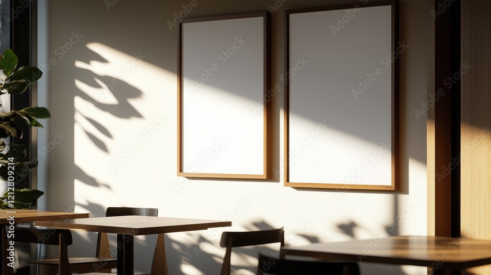 Calm and cozy coffee shop interior design featuring simple wooden tables, a framed empty wall art piece, and soft shadows from indoor plants under warm natural sunlight.