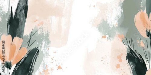 Abstract Watercolor Painting with Orange, Green, and Black Elements on Canvas