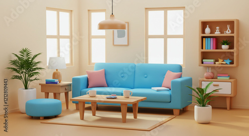3d cartoon modern living room with sofa