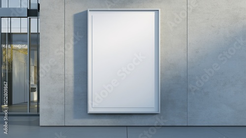 Empty white billboard or poster frame on the exterior wall of a modern building in an urban setting, illuminated by soft sunlight