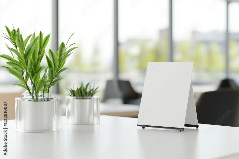 Fototapeta premium A table tent mockup for promotion or logo stands near a glass vase filled with fresh flowers on a wooden table in a contemporary setting