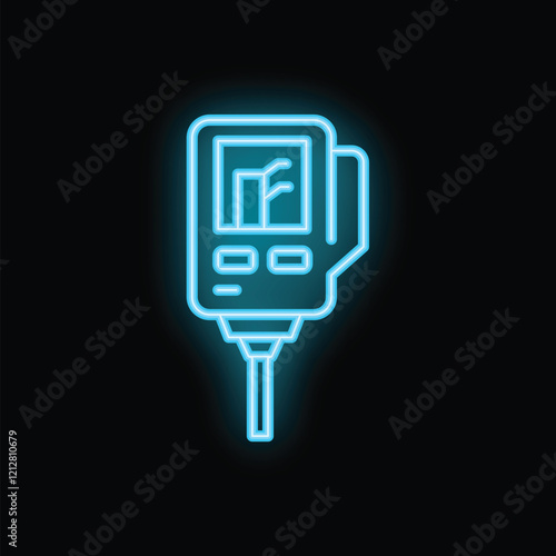 Neon medical icon of a glucometer measuring blood glucose, ideal for websites and mobile apps