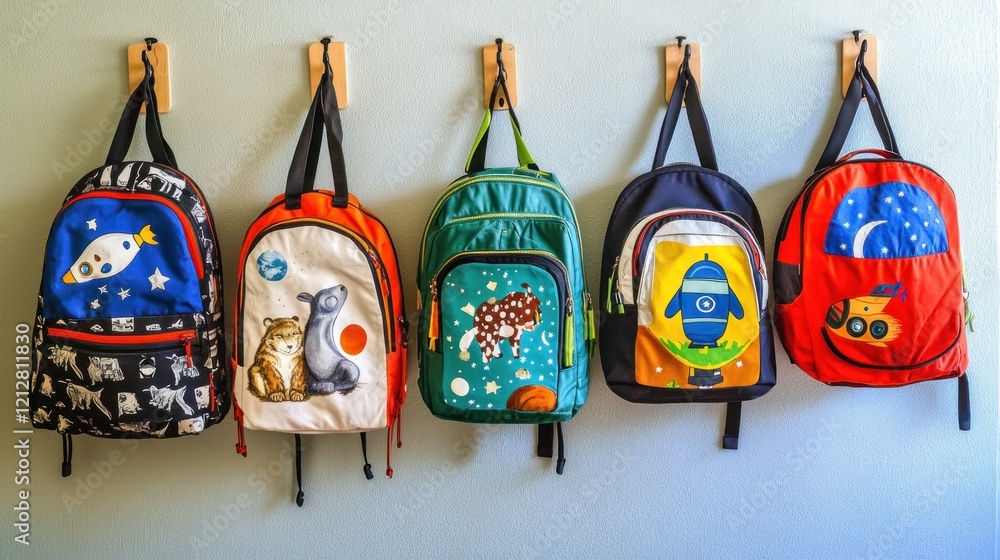 Five colorful kids' backpacks hanging on hooks on a wall. Five colorful kids' backpacks hanging on hooks on a wall.