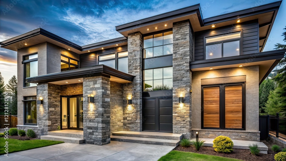 Fototapeta premium Modern Stone Home Exterior, Black Accents, AI Photo, Home Design, Stone Veneer, Exterior Photography