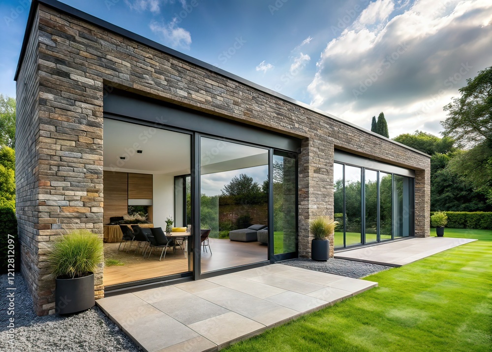 Modern Stone Brick House with Black Doors - Editorial Garden Photography Modern Stone Brick House with Black Doors - Editorial Garden Photography