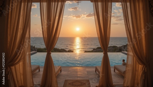 Golden sunlight spills across the horizon as it sets over the tranquil ocean  framed by flowing curtains. A serene atmosphere invites relaxation at this elegant poolside getaway