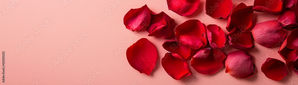 Delicate red rose petals scattered on a soft pink background, symbolizing romance and beauty. Delicate red rose petals scattered on a soft pink background, symbolizing romance and beauty.