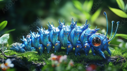 Blue Caterpillar in Nature: An Alone and Lover 3D Rendering of a Macro Insect photo