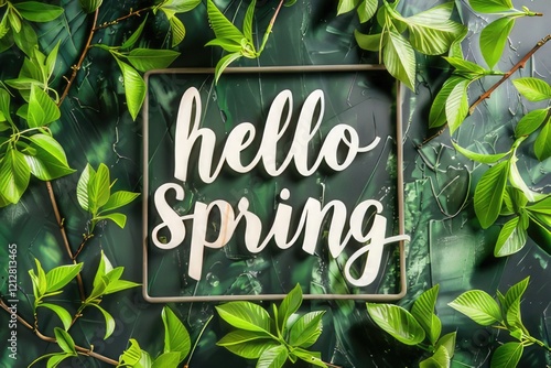 A sign that says hello spring is surrounded by green leaves