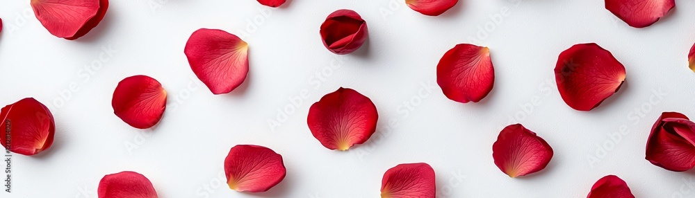 Red rose petals scattered on a white surface, symbolizing romance and beauty. Red rose petals scattered on a white surface, symbolizing romance and beauty.
