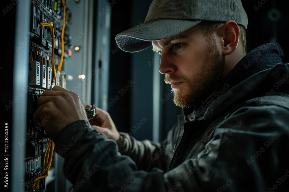 Fototapeta premium Focused Electrician in Hard Hat Working with Wiring in Industrial Setting, Generative AI