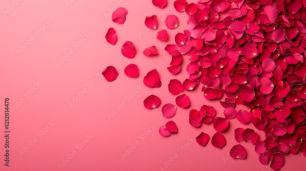 Scattered red rose petals on a soft pink background, perfect for romantic themes. Scattered red rose petals on a soft pink background, perfect for romantic themes.