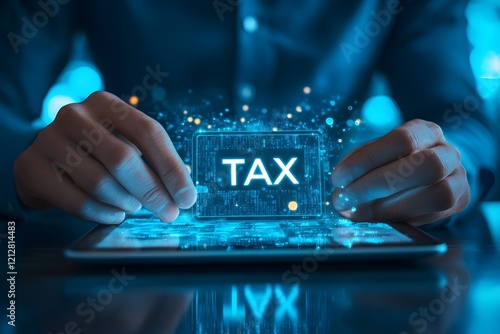 Business person using a tablet and looking about income tax calculation, tax concept. 
