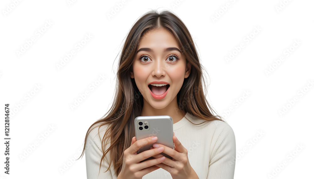 Portrait of shocked but happy modern beautiful girl with wow face, holding phone in hands, surprised with commercial offer on transparent backgraound Portrait of shocked but happy modern beautiful girl with wow face, holding phone in hands, surprised with commercial offer on transparent backgraound