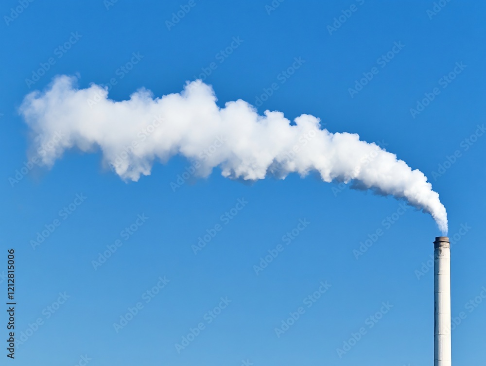 White Smoke Plume from Industrial Chimney Against Clear Blue Sky White Smoke Plume from Industrial Chimney Against Clear Blue Sky