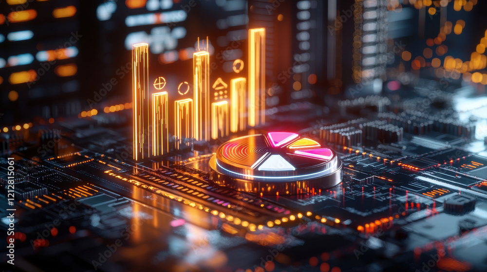 Obraz premium sleek design showing global financial trends with holographic charts and graphs on digital circuit board, representing data analysis and technology