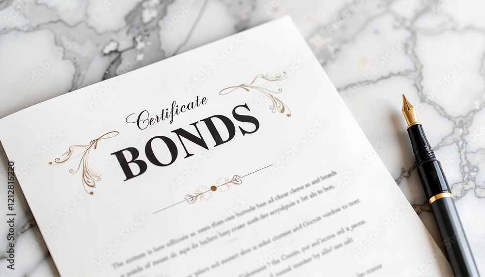 Elegant bonds certificate on marble table with pen, financial investment Elegant bonds certificate on marble table with pen, financial investment