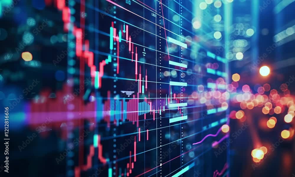 Market trends and data analysis at night showcasing digital stock patterns in an urban area Market trends and data analysis at night showcasing digital stock patterns in an urban area