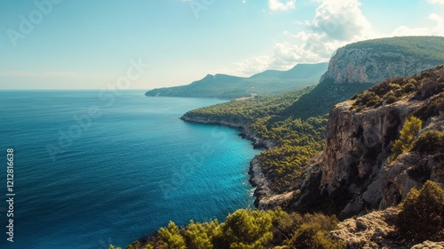 Coastal Landscape with Mountains and Clear Blue Sea