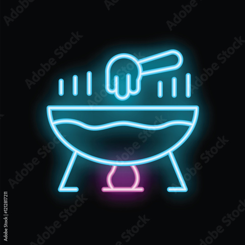 Neon sign of a barbecue grill being used to cook meat, with a spatula flipping the food over a hot grill