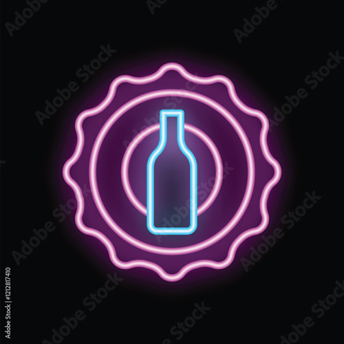 Neon bottle cap sign with glowing blue bottle on black background