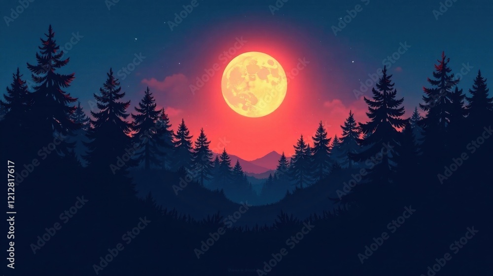 Serene Night in the Evergreen Forest with a Giant Crimson Moon Rising Over Distant Hills Serene Night in the Evergreen Forest with a Giant Crimson Moon Rising Over Distant Hills