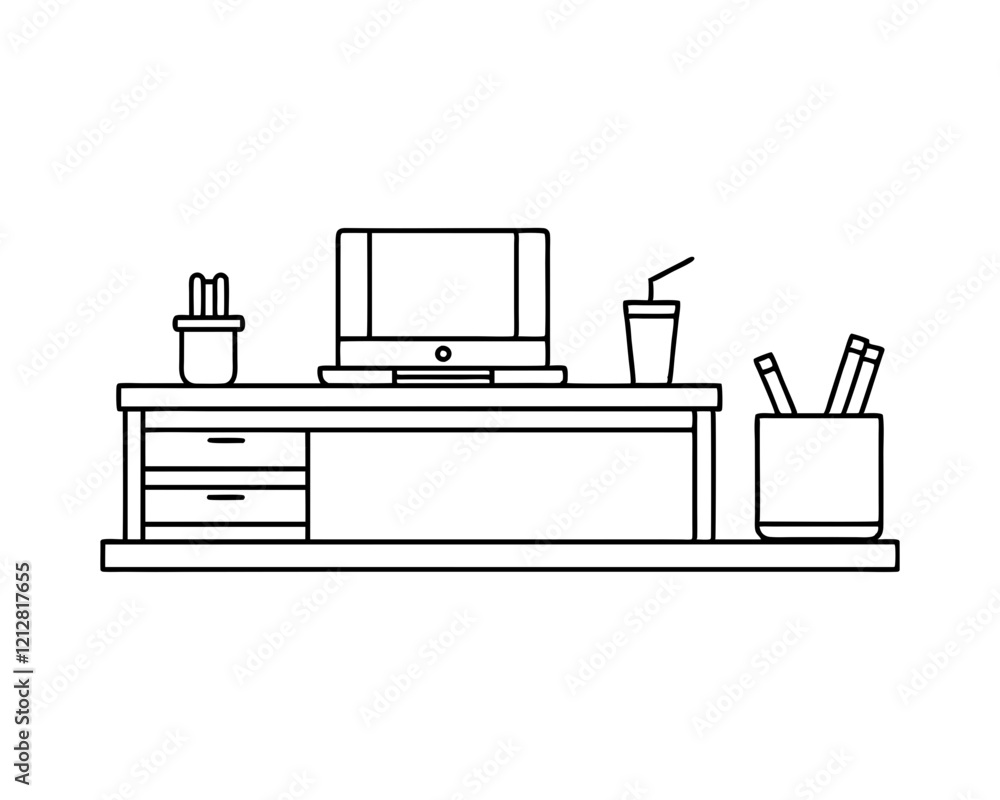 Minimalist Office Desk with Laptop, Storage, and Accessories - Clean Line Art Illustration Minimalist Office Desk with Laptop, Storage, and Accessories - Clean Line Art Illustration