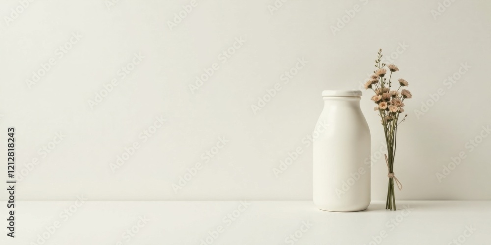 Simple Elegance A White Bottle and Delicate Dried Flowers on a Pristine Surface Simple Elegance A White Bottle and Delicate Dried Flowers on a Pristine Surface