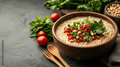 Wallpaper Mural traditional bowl of smoked rice porridge topped with fresh herbs, tomatoes, and nuts, creating vibrant and healthy meal Torontodigital.ca