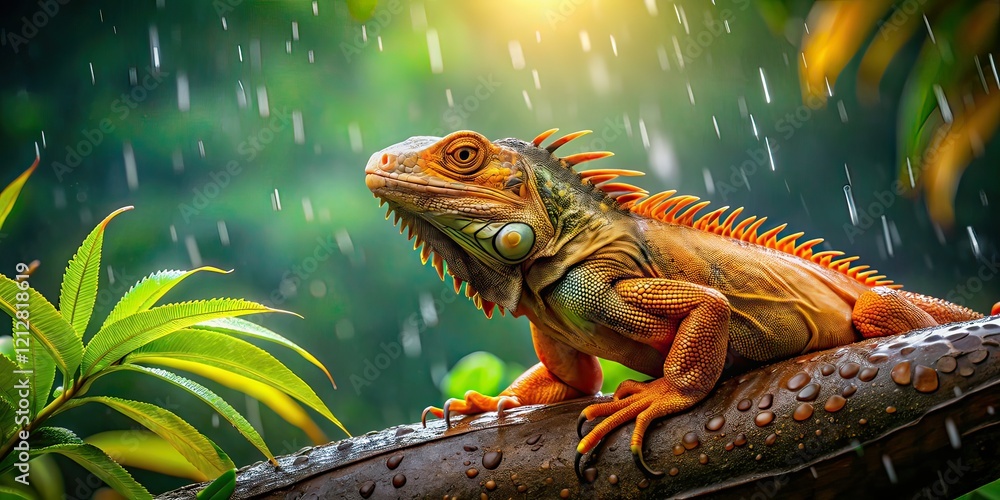 Orange Iguana Sunbathing in Tropical Rainforest Rain - AI Photo Orange Iguana Sunbathing in Tropical Rainforest Rain - AI Photo
