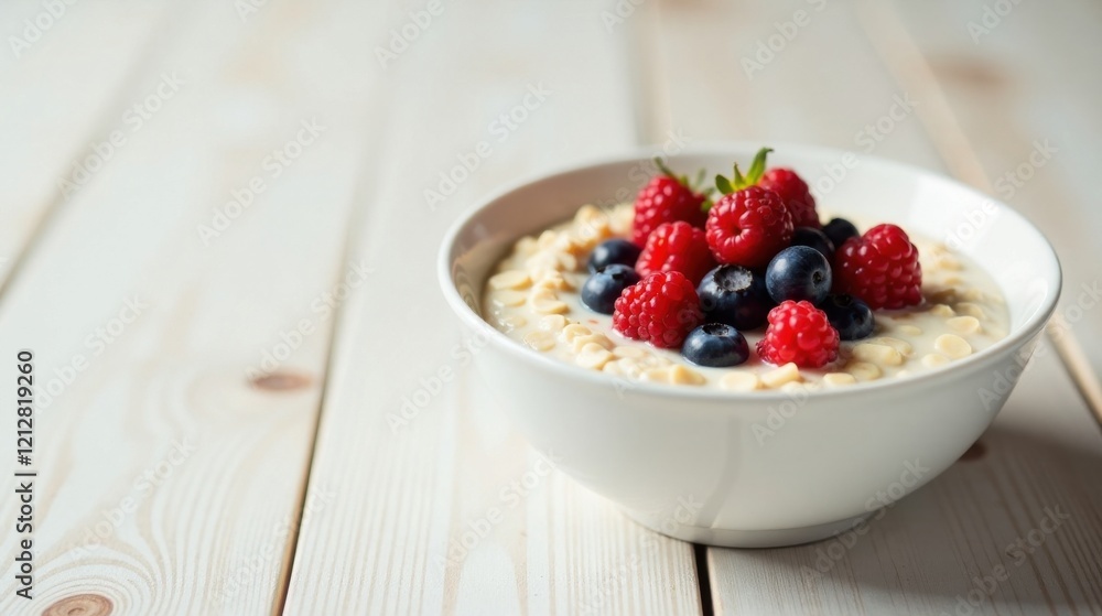 A delightful bowl of creamy oat porridge, topped with a vibrant mix of fresh raspberries and blueberries, presented on a light wooden surface. A delightful bowl of creamy oat porridge, topped with a vibrant mix of fresh raspberries and blueberries, presented on a light wooden surface.