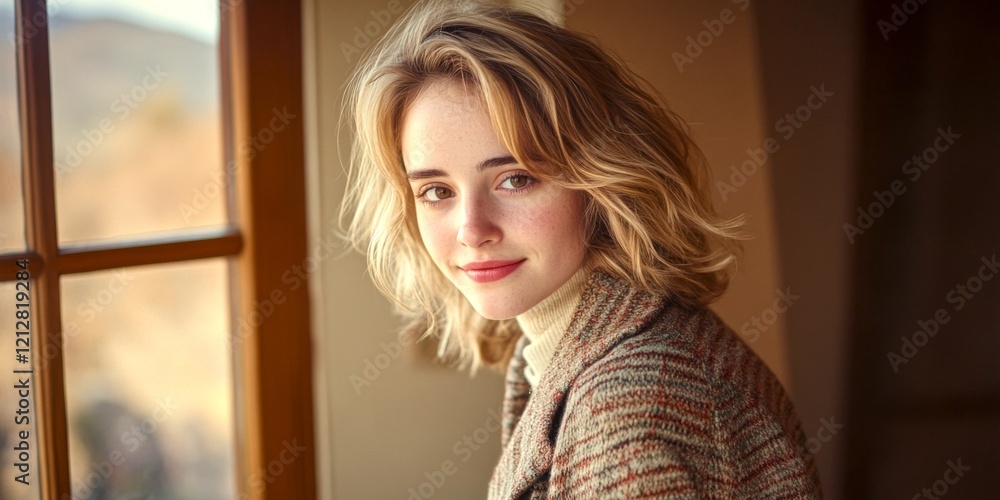 A young woman with blonde, wavy hair sits by a window, radiating a warm and inviting aura. The gentle sunlight enhances the cozy atmosphere. A perfect portrait for artistic use. AI A young woman with blonde, wavy hair sits by a window, radiating a warm and inviting aura. The gentle sunlight enhances the cozy atmosphere. A perfect portrait for artistic use. AI