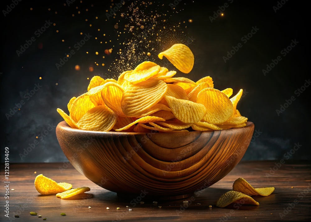 Overflowing Wooden Bowl Potato Chips Long Exposure Overflowing Wooden Bowl Potato Chips Long Exposure