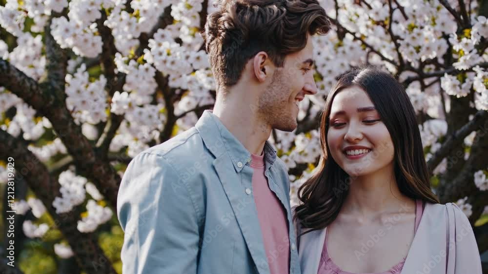 Smiling couple surrounded by pink spring blossoms