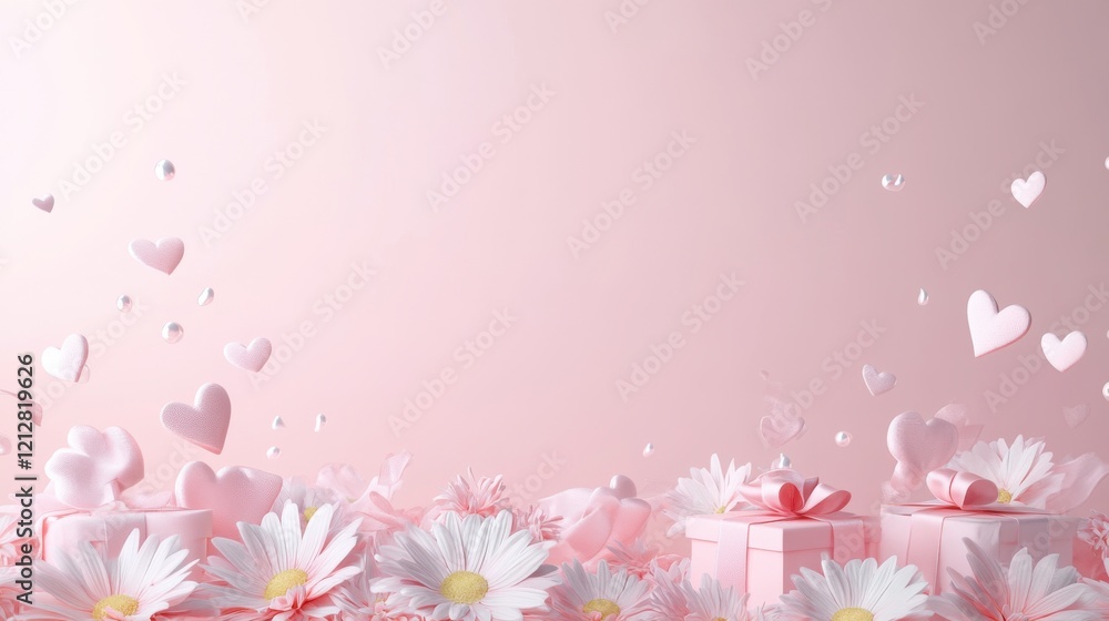 Delicate Gift Presentation with Rosy Daisies and Pearl Hearts, Minimalist Pastel Rose Background, Floral Arrangement, Soft Aesthetic Delicate Gift Presentation with Rosy Daisies and Pearl Hearts, Minimalist Pastel Rose Background, Floral Arrangement, Soft Aesthetic