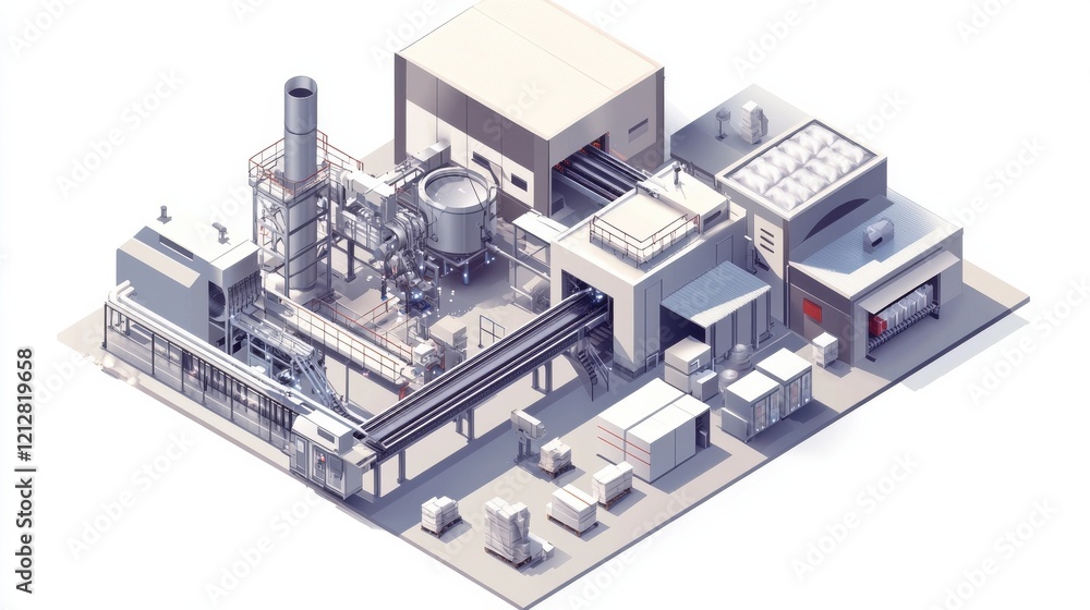 Factory production and packaging line with conveyor belt. Manufacturing process and industrial machinery technology. Industry isometric vector illustration Factory production and packaging line with conveyor belt. Manufacturing process and industrial machinery technology. Industry isometric vector illustration