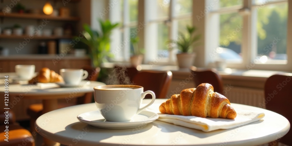 A steaming cup of coffee sits beside a freshly baked croissant on a cafe table bathed in sunlight A steaming cup of coffee sits beside a freshly baked croissant on a cafe table bathed in sunlight