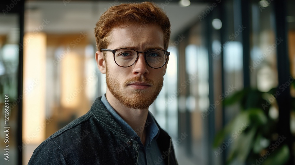 Confident businessman standing in office lobby. Male programmer looking camera indoors. Closeup serious student face. Redhead man posing camera in office. Portrait of stylish hipster guy Confident businessman standing in office lobby. Male programmer looking camera indoors. Closeup serious student face. Redhead man posing camera in office. Portrait of stylish hipster guy