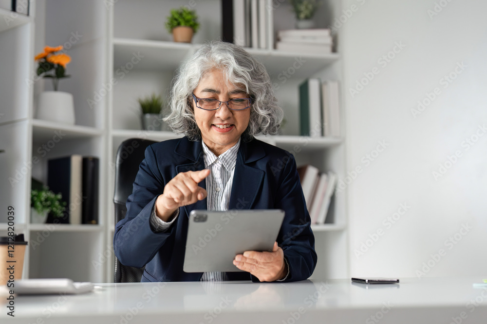 Elderly businesswoman engaging with a tablet, showcasing digital literacy and technology use in a modern workspace Elderly businesswoman engaging with a tablet, showcasing digital literacy and technology use in a modern workspace