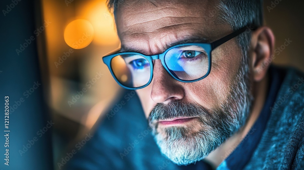 Close up view of focused businessman wears computer glasses for reducing eye strain blurred vision looking at pc screen with computer reflection using internet, reading, watching, working online late Close up view of focused businessman wears computer glasses for reducing eye strain blurred vision looking at pc screen with computer reflection using internet, reading, watching, working online late