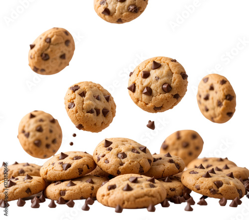 Falling chocolate chip cookies isolated on transparent or white background