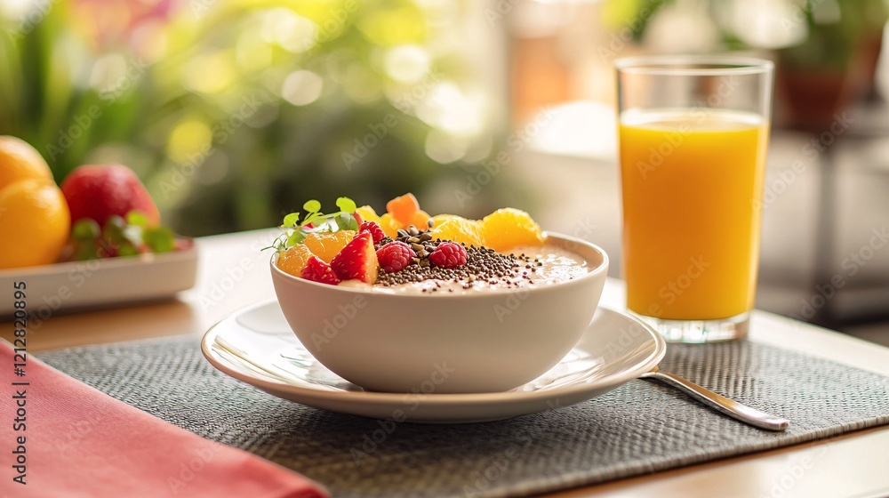 Fresh and Colorful Breakfast Bowl with Juice on Sunny Table Fresh and Colorful Breakfast Bowl with Juice on Sunny Table